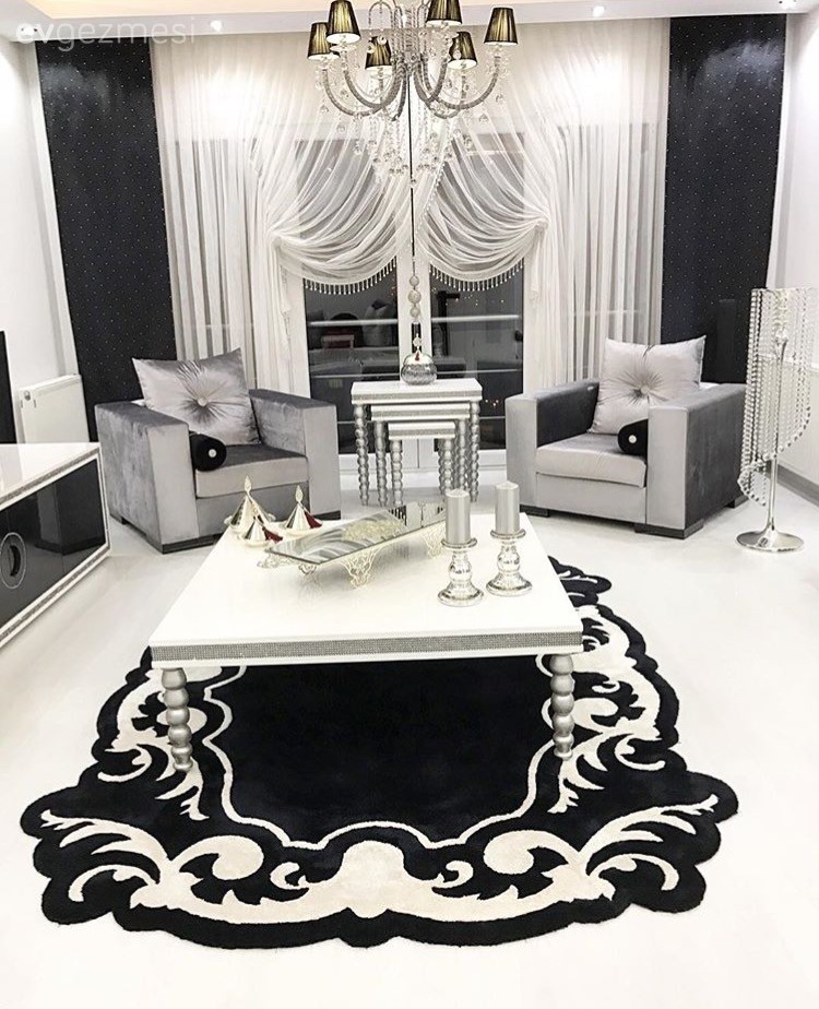 Gri, Gümüş, Halı, Orta sehpa, Perde, Salon, Siyah