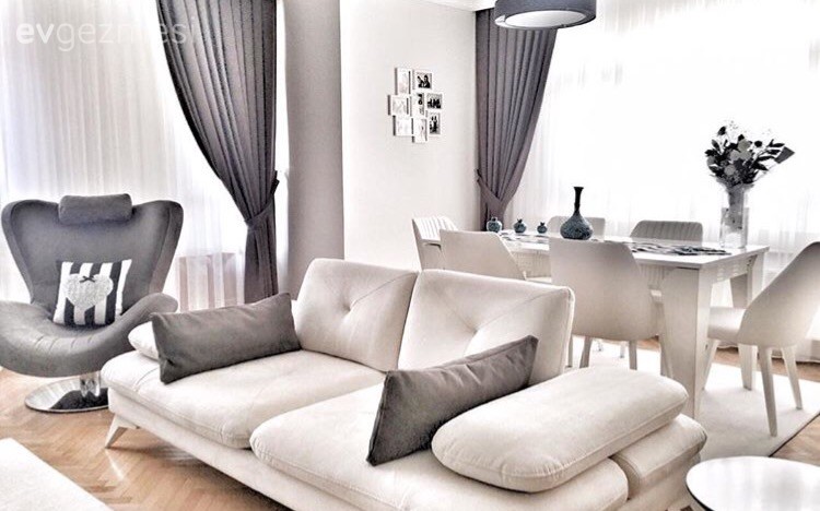 Beyaz, Fon perde, Gri, Modern, Yemek Odası, Perde