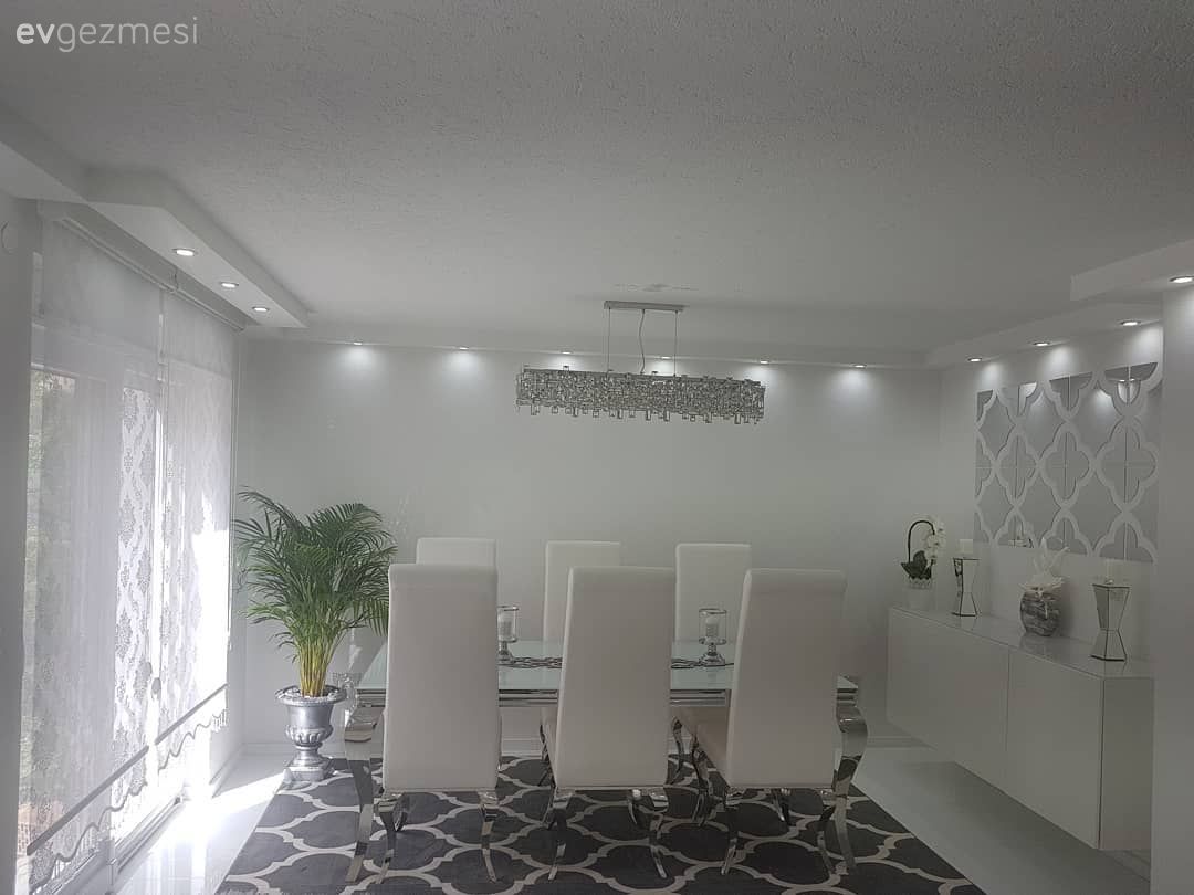 Salon, Yemek Odası, Konsol, Halı, Geometrik desen, Gri, Avize