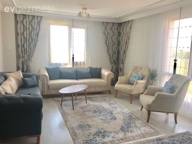 Salon, Fon perde, Mavi, Halı, Berjer