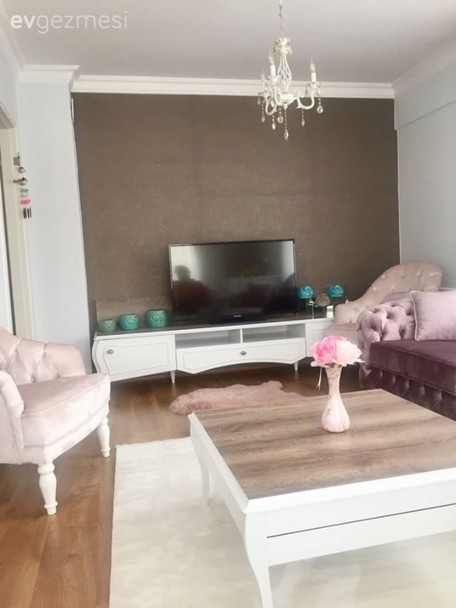 Tv ünitesi, Salon, Orta sehpa, Kahverengi, Avize, Pembe, Berjer, Halı, Beyaz halı