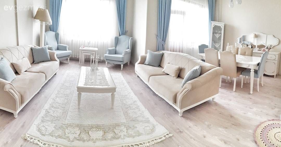 Salon, Krem, Orta sehpa, Halı, Berjer, Mavi, Fon perde, Yemek Odası