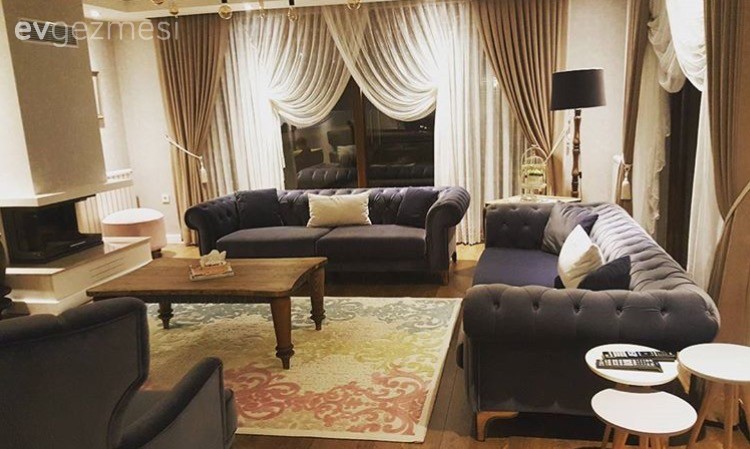 Ahşap Mobilya, Fon perde, Halı, Kruvaze perde, Orta sehpa, Perde, Salon
