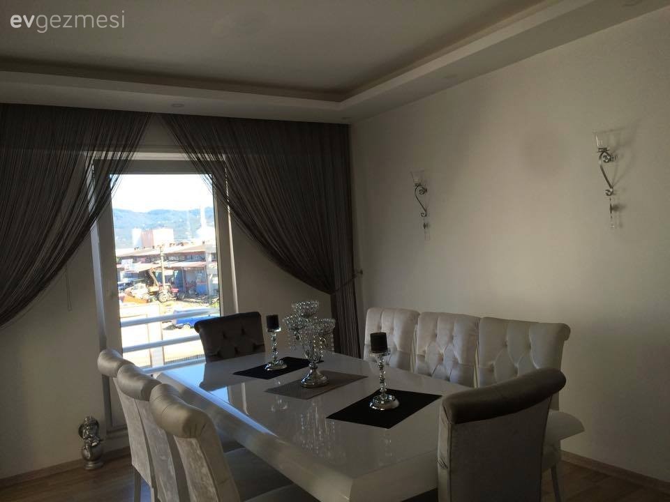 Beyaz, Gri, Gümüş, Perde, Yemek Odası