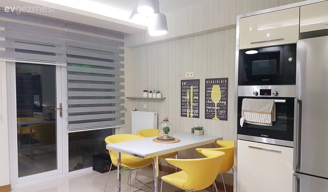 Mutfak, Mutfak masası, Sarı, Beyaz mutfak, Modern mutfak, Avize, Mutfak perdesi