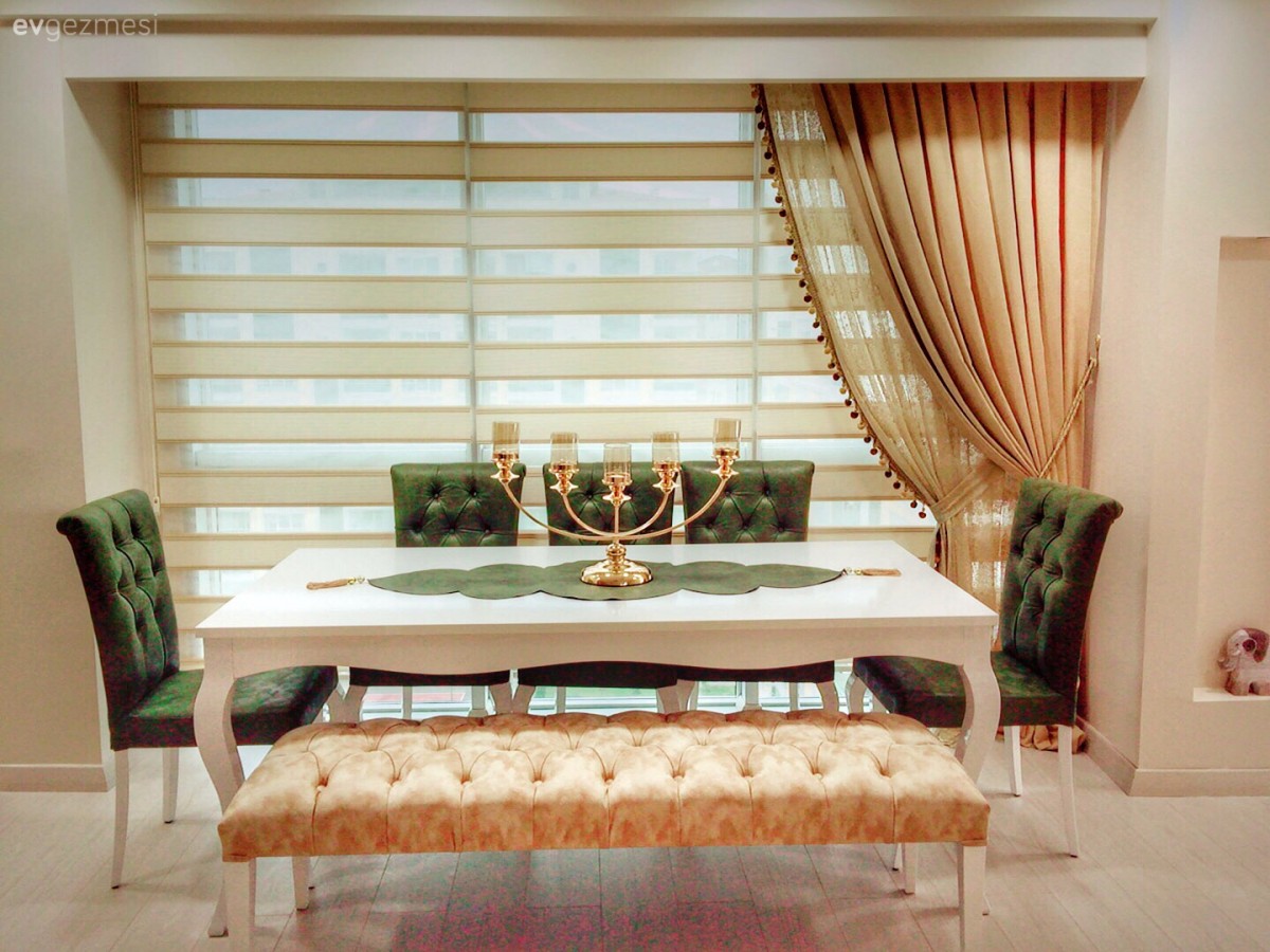 Altın, Bank, Fon perde, Perde, Salon, Şamdan, Yemek Odası, Yeşil