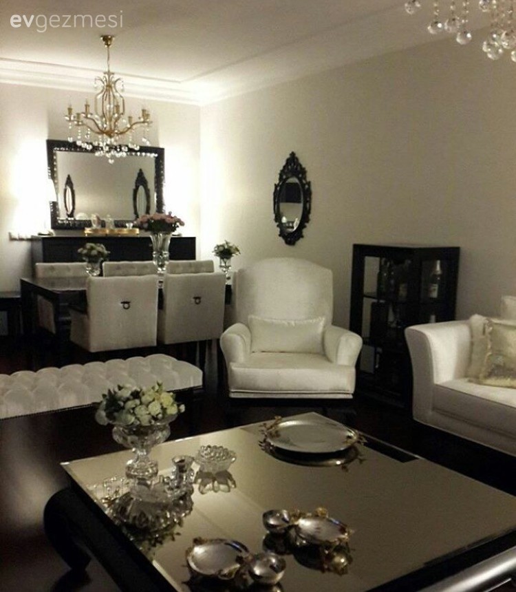 Ayna, Berjer, Beyaz, Orta sehpa, Salon, Siyah- Beyaz, Yemek Odası