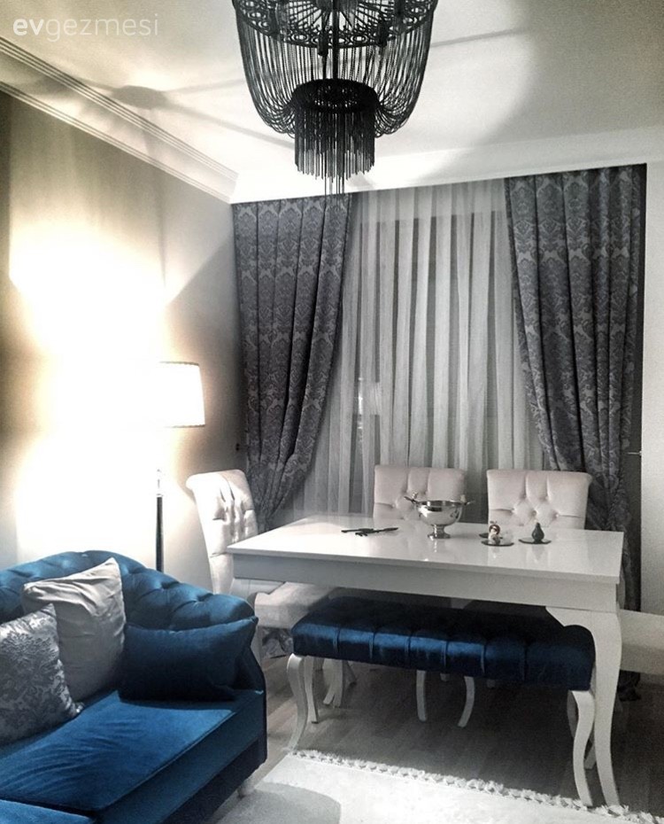 Avize, Bank, Beyaz, Fon perde, Gri, Lambader, Mavi, Salon, Yemek Odası, Perde, Aydınlatma