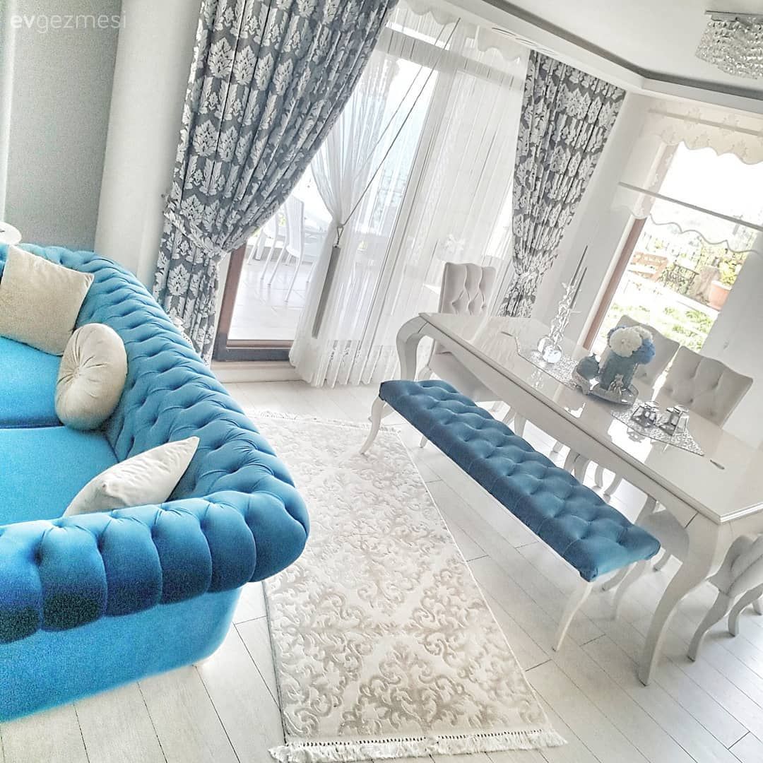 Salon, Yemek Odası, Fon perde, Bank, Mavi, Chesterfield
