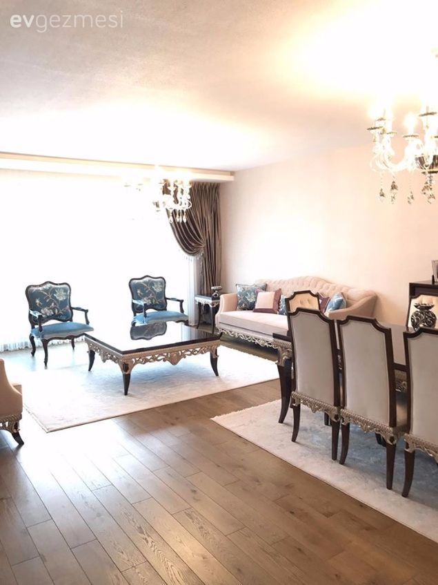 Avize, Aydınlatma, Berjer, Halı, Orta sehpa, Salon, Siyah- Beyaz, Yemek Odası