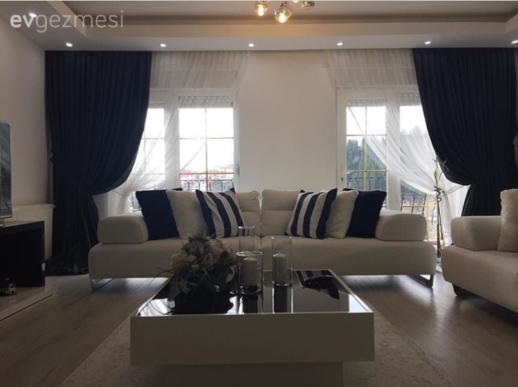 Beyaz, Fon perde, Modern, Orta sehpa, Salon, Siyah- Beyaz, Perde