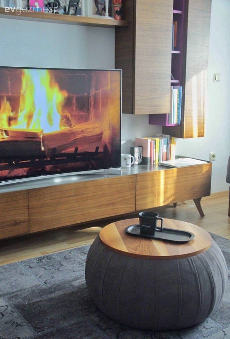 Tv ünitesi, Oturma Odası, Ahşap Mobilya, Patchwork halı, Gri, Puf