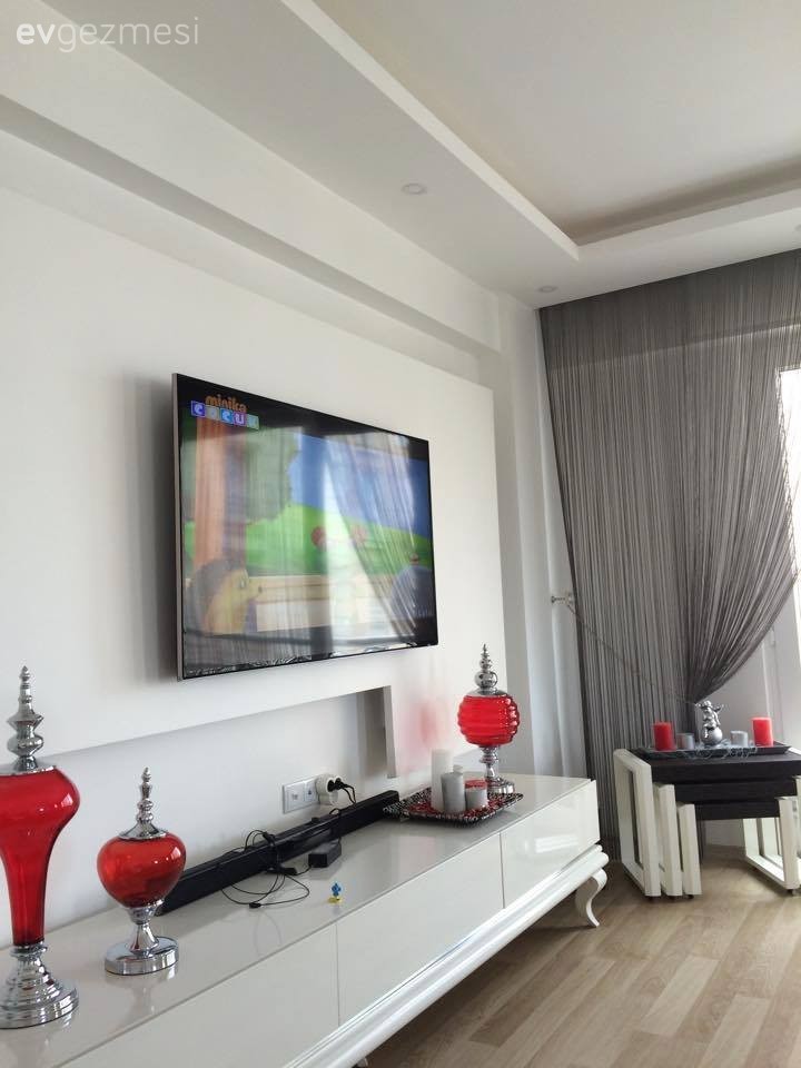 Beyaz, Gri, Kırmızı, Salon, Tv ünitesi