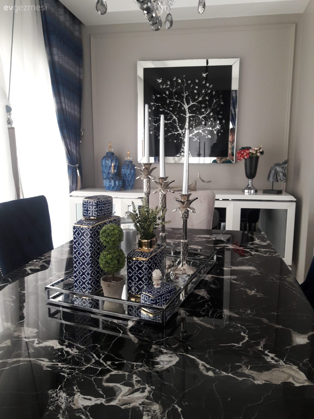 Şamdan, Salon, Mermer, Yemek Odası, Masa dekoru, Lacivert, Mavi, Dekoratif Objeler, Duvar dekorasyonu, Konsol, Ayna, Ayna çerçeve, Mermer masa