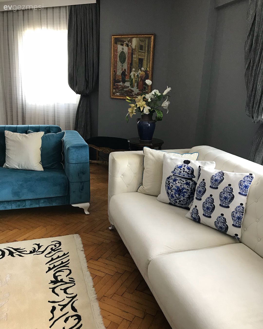 Salon, Kırlent, Mavi, Gri duvar, Gri, Halı