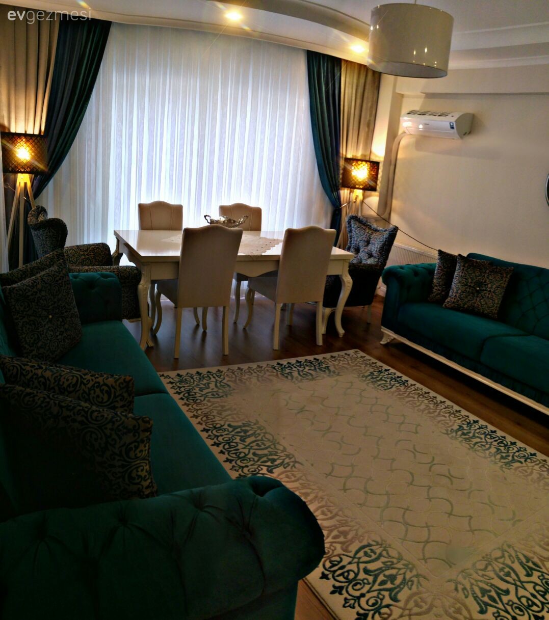 Aydınlatma, Fon perde, Halı, Lambader, Perde, Salon, Yemek Odası, Yeşil