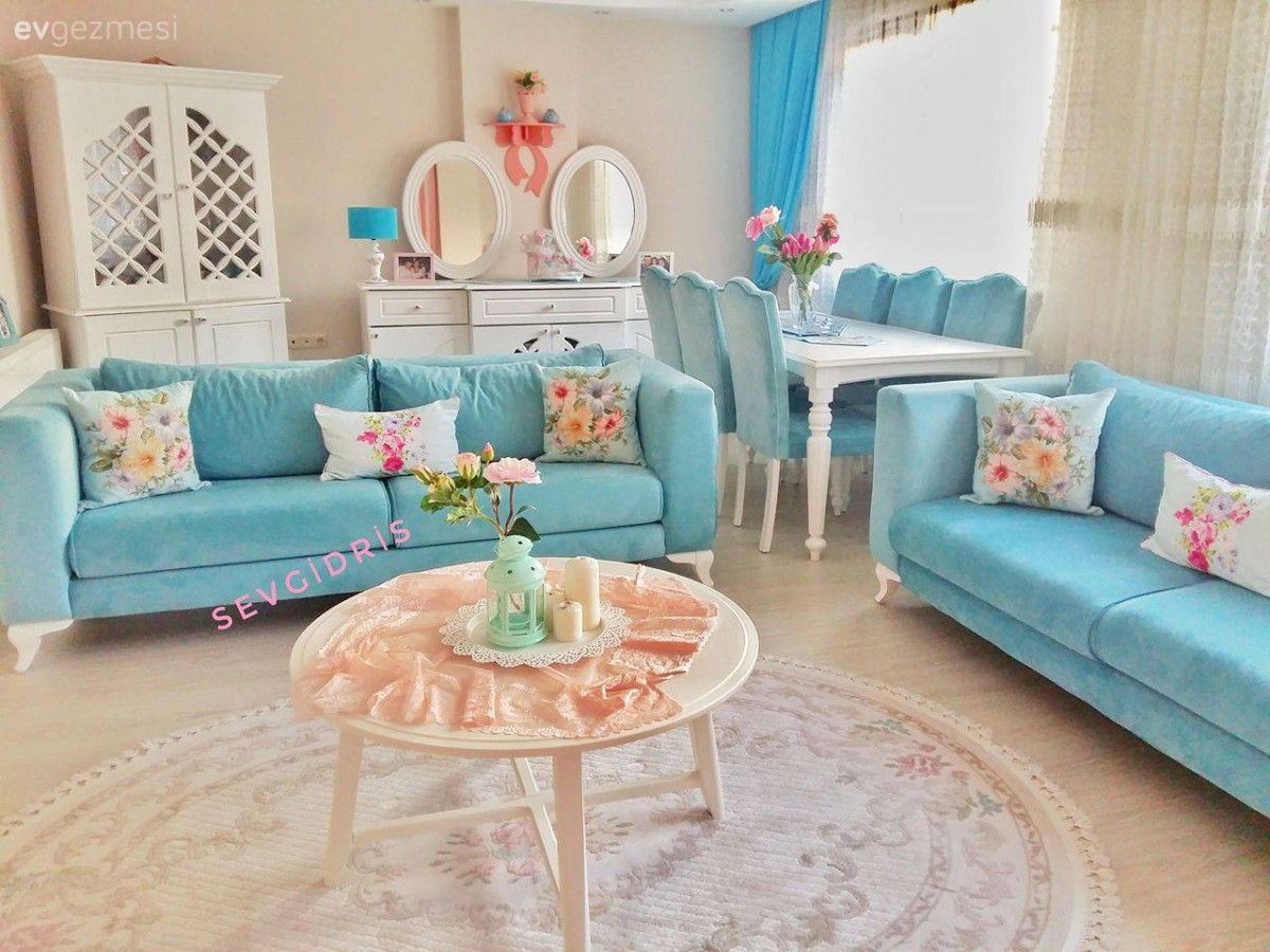 Fon perde, Halı, Mavi, Orta sehpa, Pembe, Salon, Yemek Odası, Perde