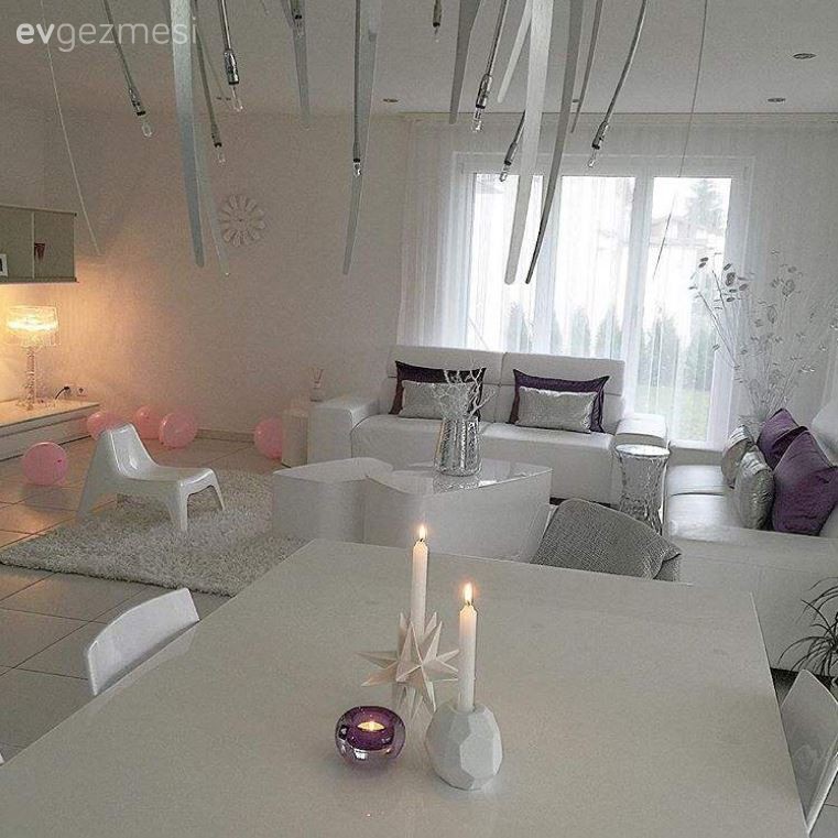 Beyaz, Mor, Salon, Yemek Odası