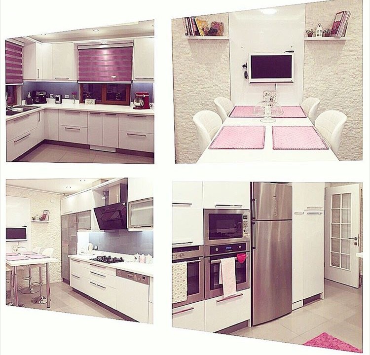 Beyaz mutfak, Mor, Mutfak, Perde