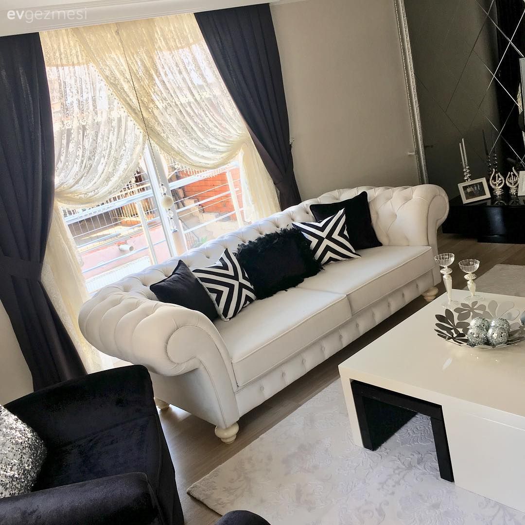 Kruvaze perde, Siyah- Beyaz, Chesterfield, Salon, Kırlent, Fon perde, Perde, Orta sehpa