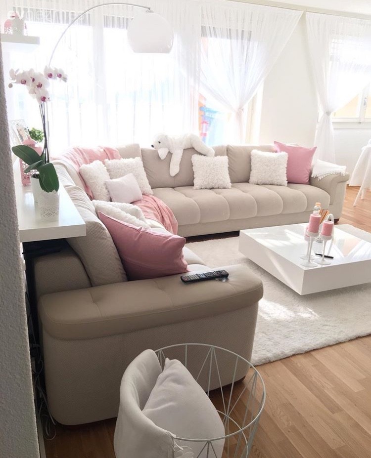 Halı, Köşe koltuk, Krem, Orta sehpa, Pembe, Duvar rafı, Salon