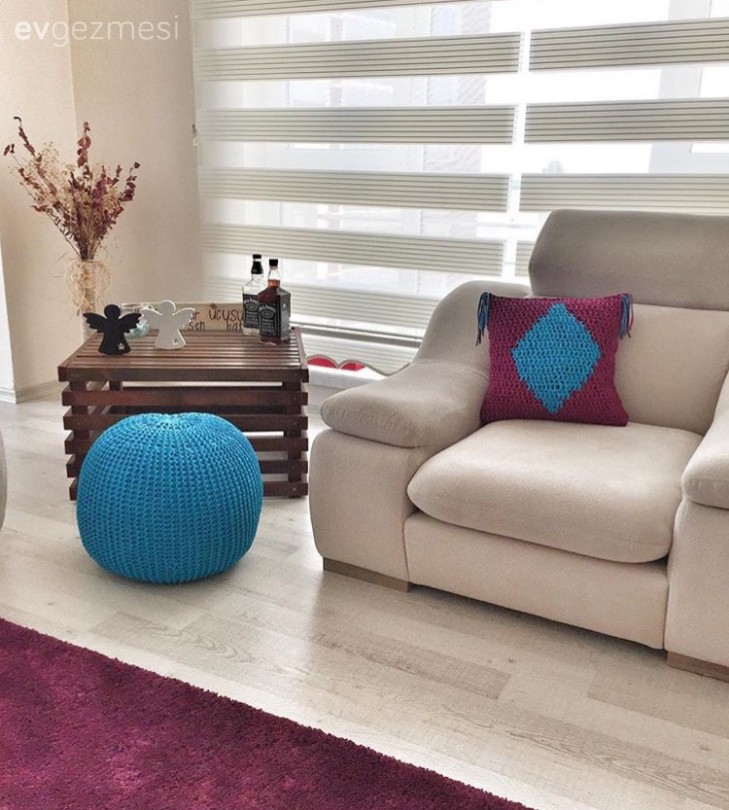 Krem, Mavi, Puf, Salon, Yan sehpa