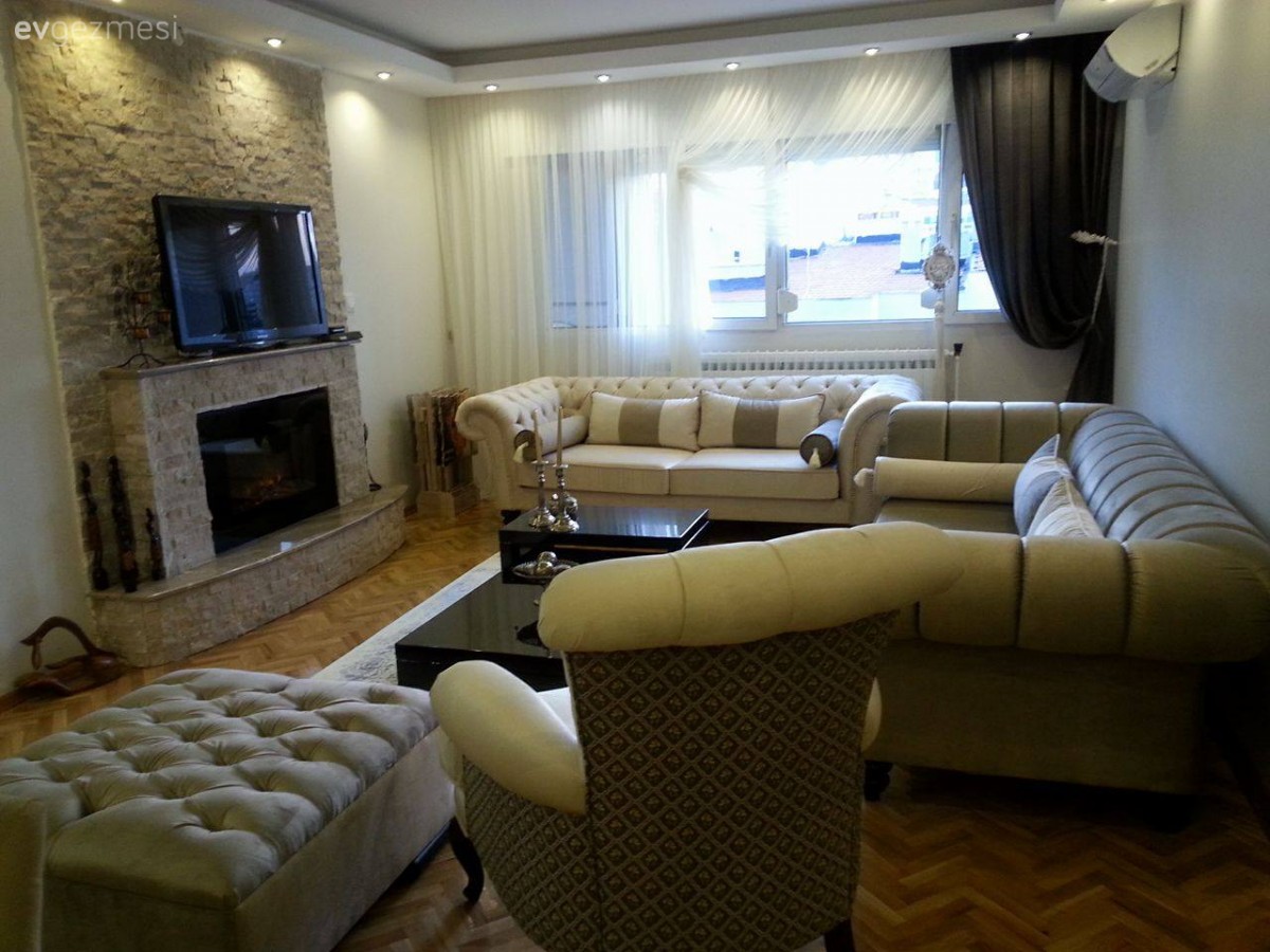 Aydınlatma, Berjer, Chesterfield, Krem, Salon, Şömine, Taş duvar