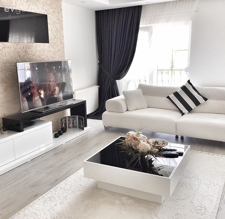 Beyaz, Fon perde, Halı, Modern, Orta sehpa, Salon, Siyah- Beyaz, Tv ünitesi, Perde