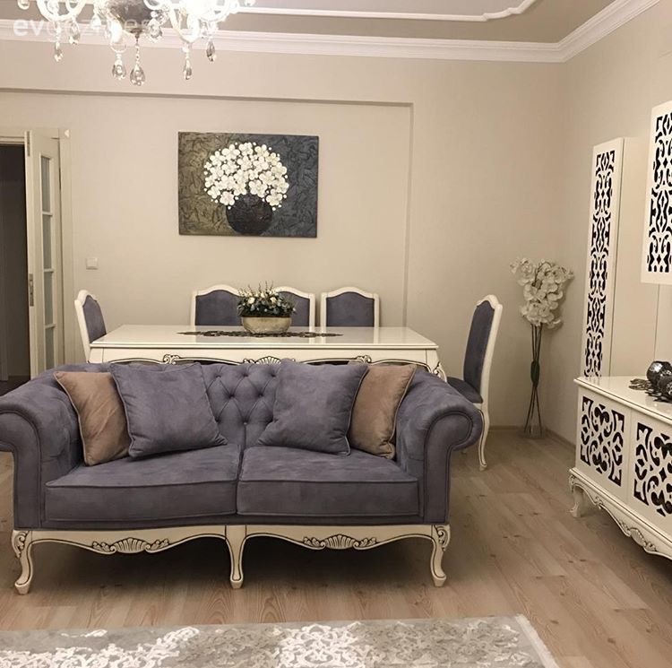 Gri, Mavi, Salon, Tablo, Tv ünitesi, Yemek Odası