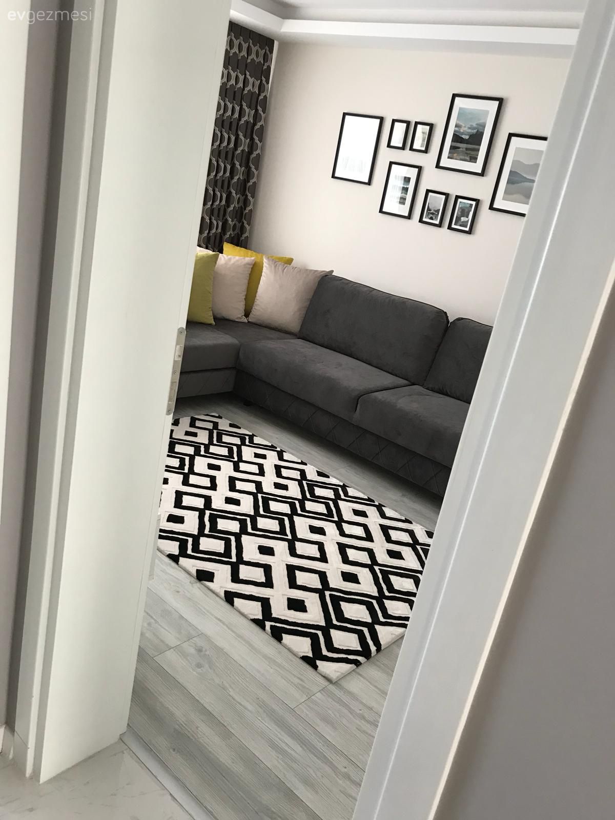 Oturma Odası, Köşe koltuk, Siyah- Beyaz, Geometrik desen, Gri, Füme, Halı