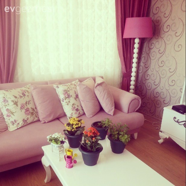 Beyaz, Pembe, Perde, Salon, Sehpa