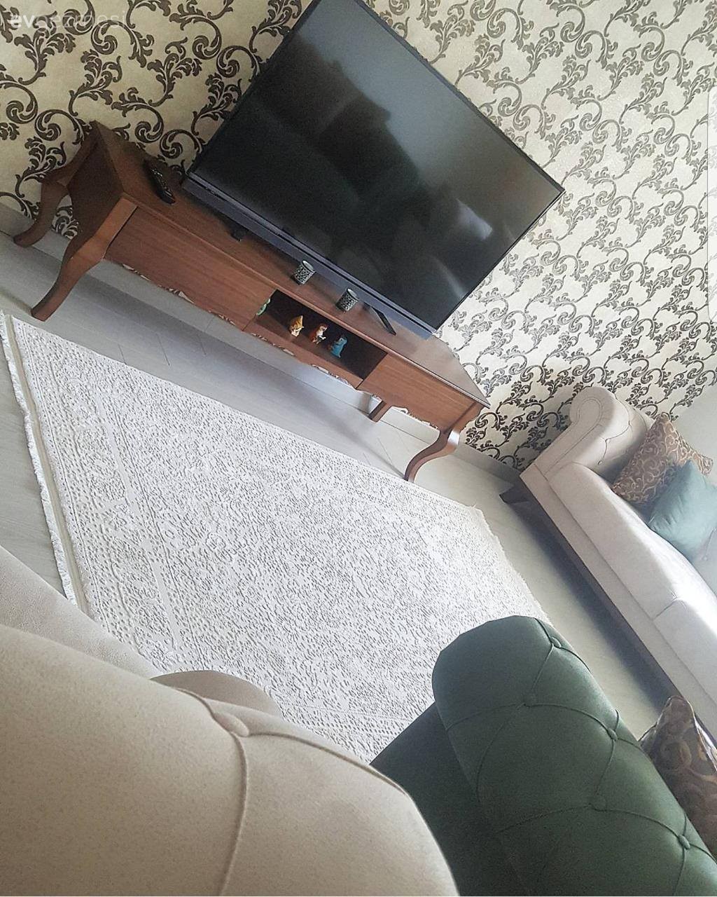 Ahşap Mobilya, Duvar kağıdı, Halı, Oturma Odası, Tv ünitesi, Yeşil