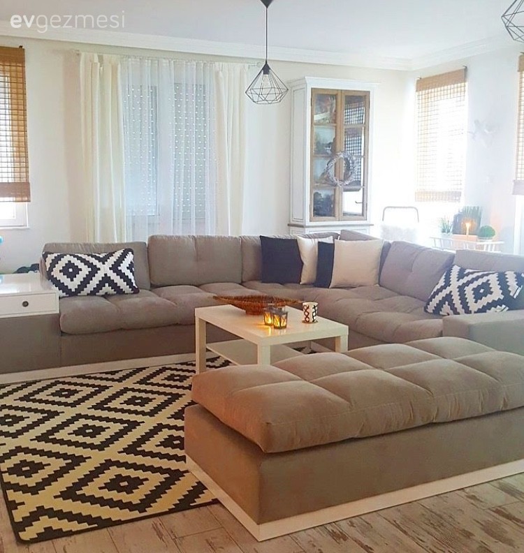 Halı, Köşe koltuk, Salon, Siyah- Beyaz, Kırlent