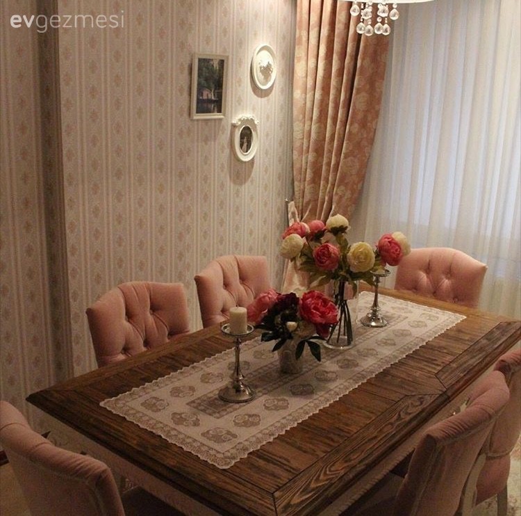 Ahşap Mobilya, Fon perde, Pembe, Salon, Yemek Odası, Perde