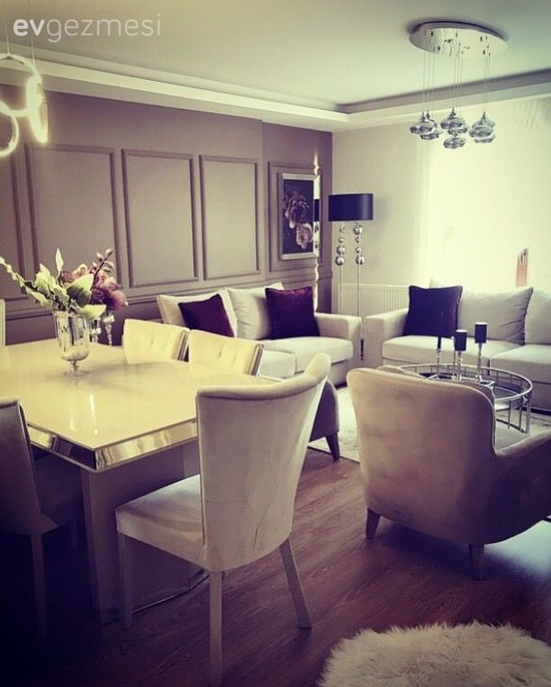 Salon, Yemek Odası, Krem, Duvar çıtalama, Modern klasik, Aynalı mobilya