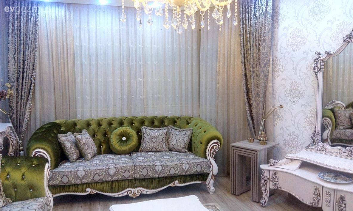 Avize, Fon perde, Salon, Yeşil, Perde, Aydınlatma