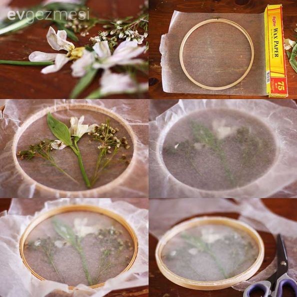 Kuruttuğunuz çiçeklerler ve kasnaktan duvar dekoru projesi..