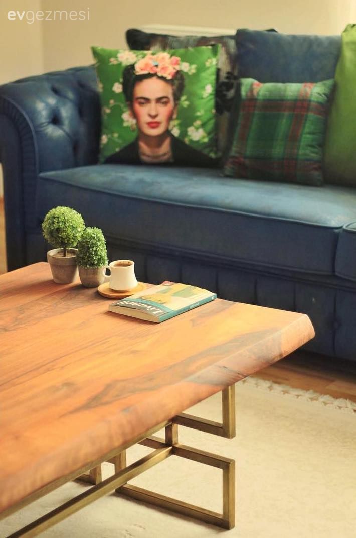 Salon, Orta sehpa, Metal ayaklı sehpa, Masif ahşap, Mavi, Kırlent