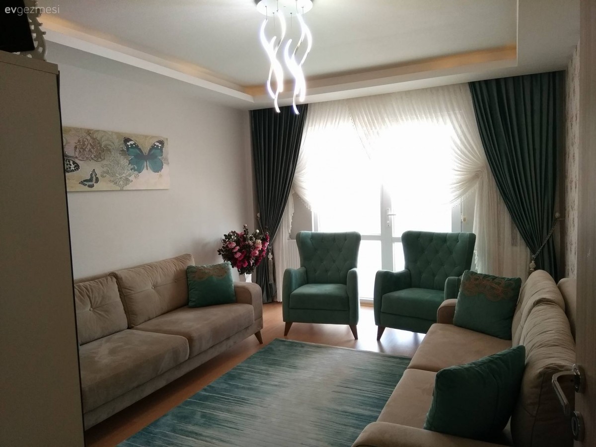 Berjer, Fon perde, Halı, Mavi, Oturma Odası, Perde