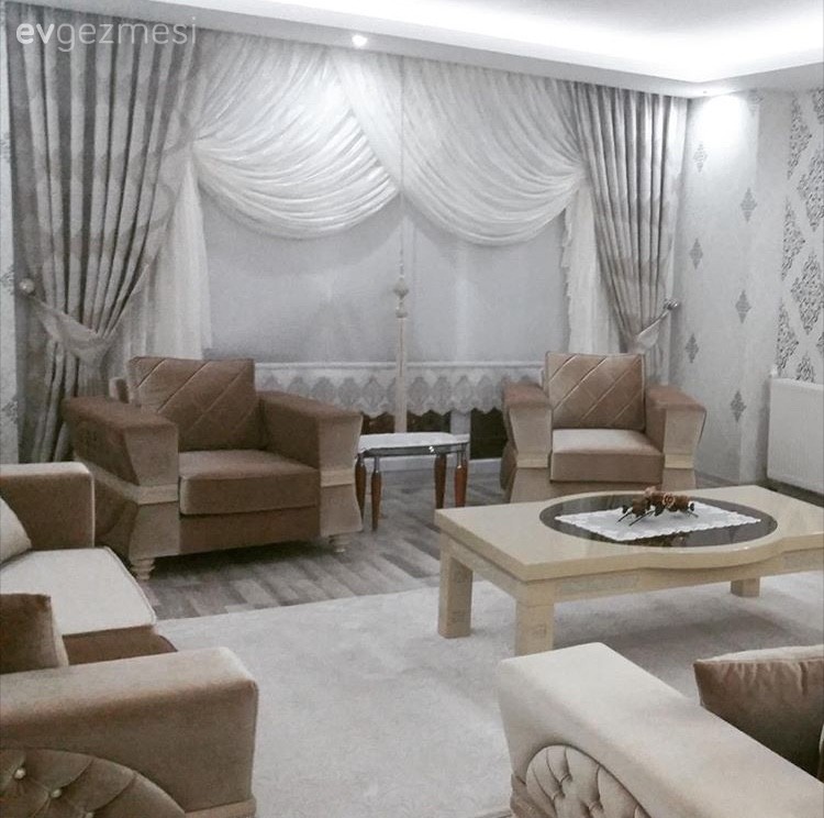 Fon perde, Krem, Orta sehpa, Salon, Perde