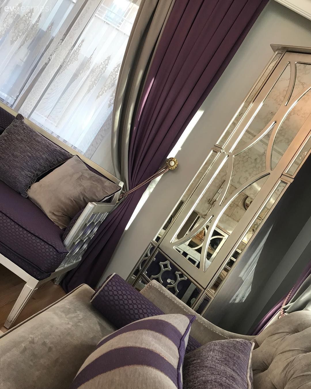 Salon, Mor, Art deko, Vitrin, Fon perde, Perde, Kırlent