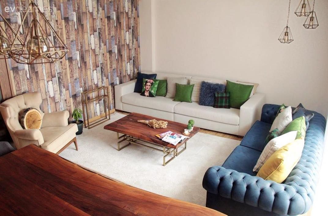 Salon, Mavi, Krem, Chesterfield, Orta sehpa, Halı, Beyaz halı, Masif ahşap, Duvar kağıdı