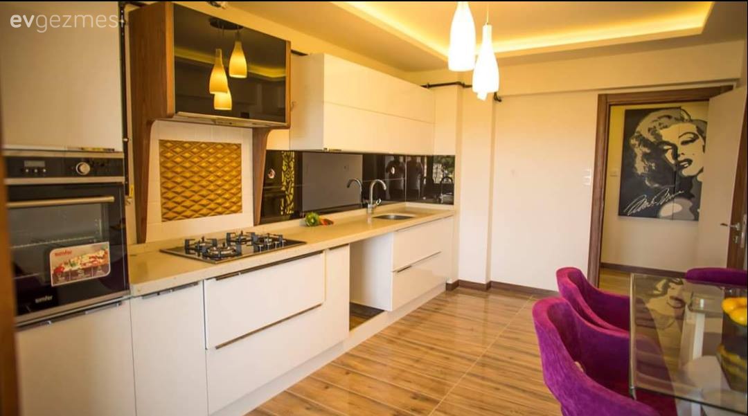 Beyaz mutfak, Mor, Mutfak, Mutfak masası, Modern mutfak, Mutfak Avize Modelleri, Kulpsuz mutfak dolabı