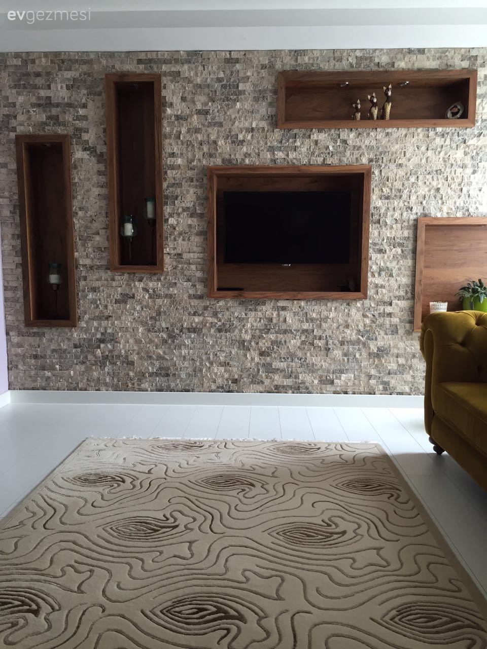 Ahşap Mobilya, Duvar Nişleri, Taş duvar, Tv ünitesi