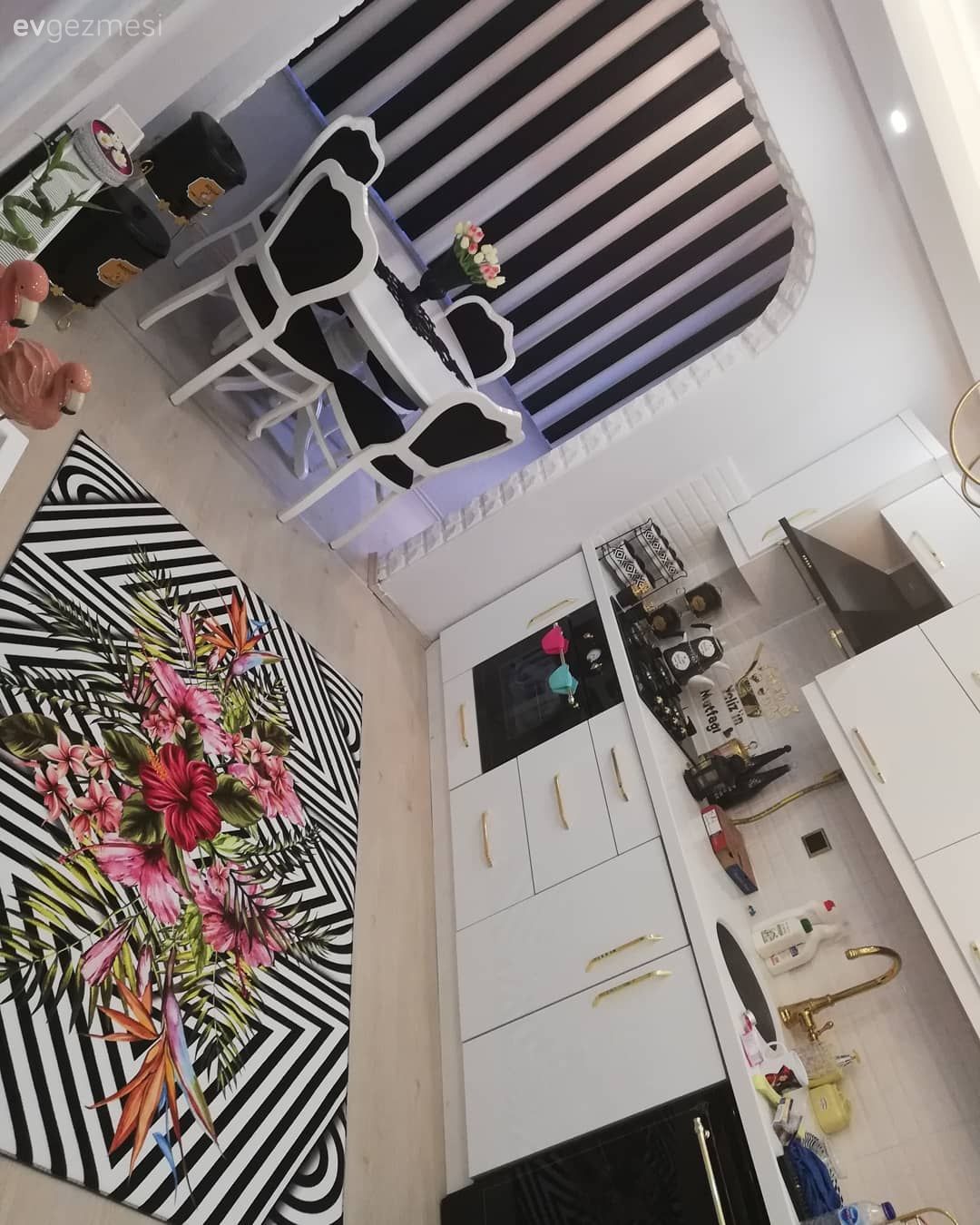 Mutfak, Beyaz mutfak, Mutfak masası, Mutfak halısı, Siyah- Beyaz, Mutfak perdesi