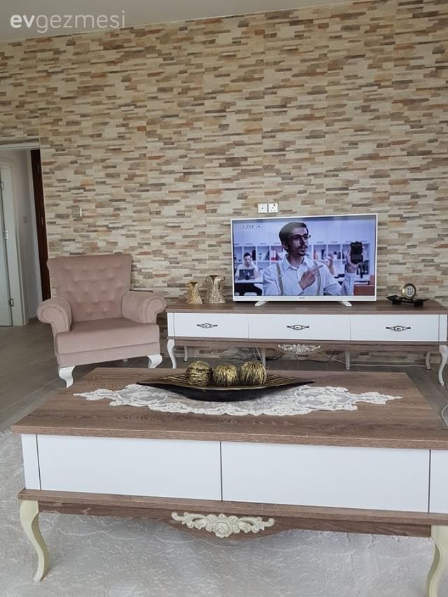 Salon, Tv ünitesi, Orta sehpa, Berjer, Halı, Taş duvar