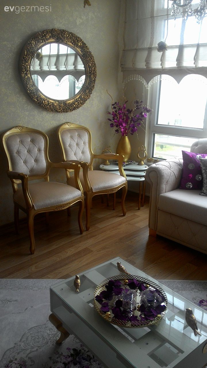 Altın, Ayna, Berjer, Krem, Salon