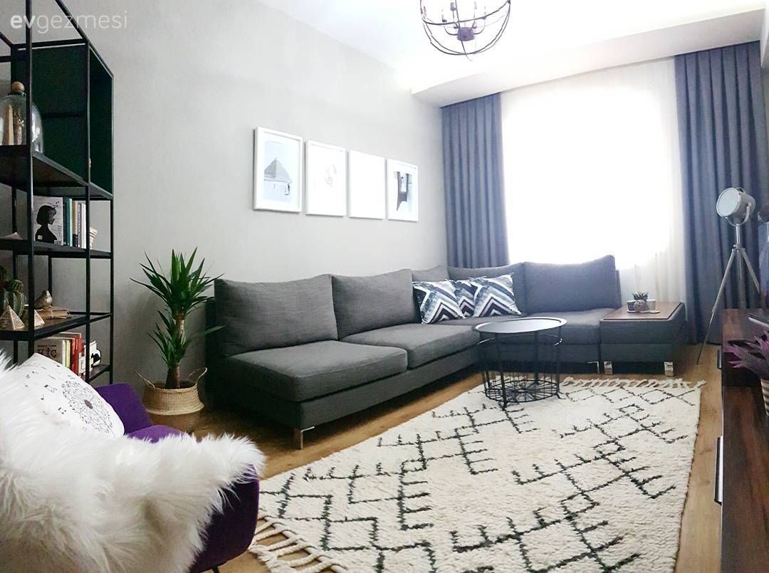 Oturma Odası, Gri, Köşe koltuk, Halı, Beyaz halı, Kitaplık, Fon perde, Geometrik desen, Duvar dekorasyonu