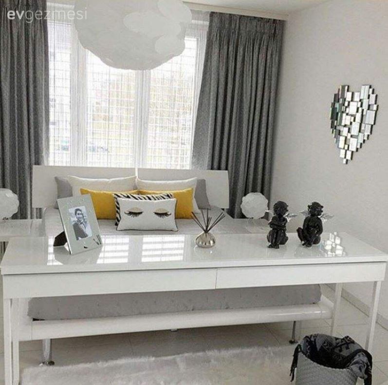 Fon perde, Gri, Sarı, Yatak Odası, Perde