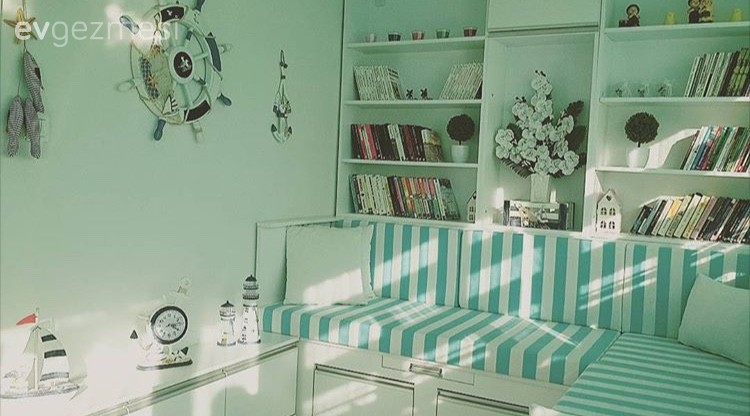 Balkon, Çizgili desen, Kitaplık, Yeşil